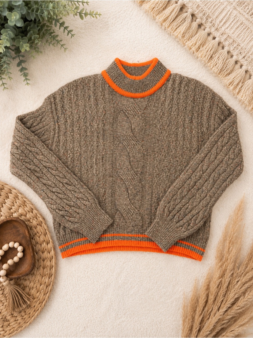 VEDA Paro Cable Knit Wool Blend Mock Neck Sweater Brown Orange Size Medium
